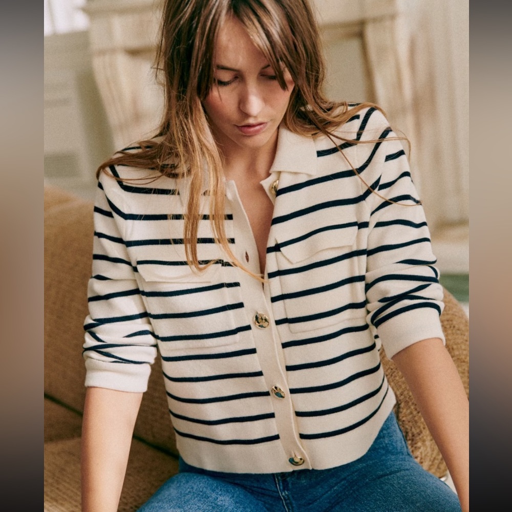 Sezane Betty Cardigan in Ecra Navy Stripes
